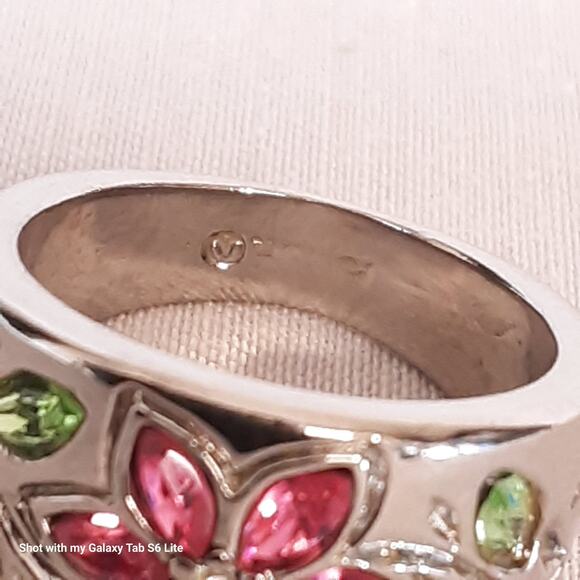 Colorful Band Ring Floral Encrusted Marquise Stones On Silver Tone Setting - Picture 9 of 10